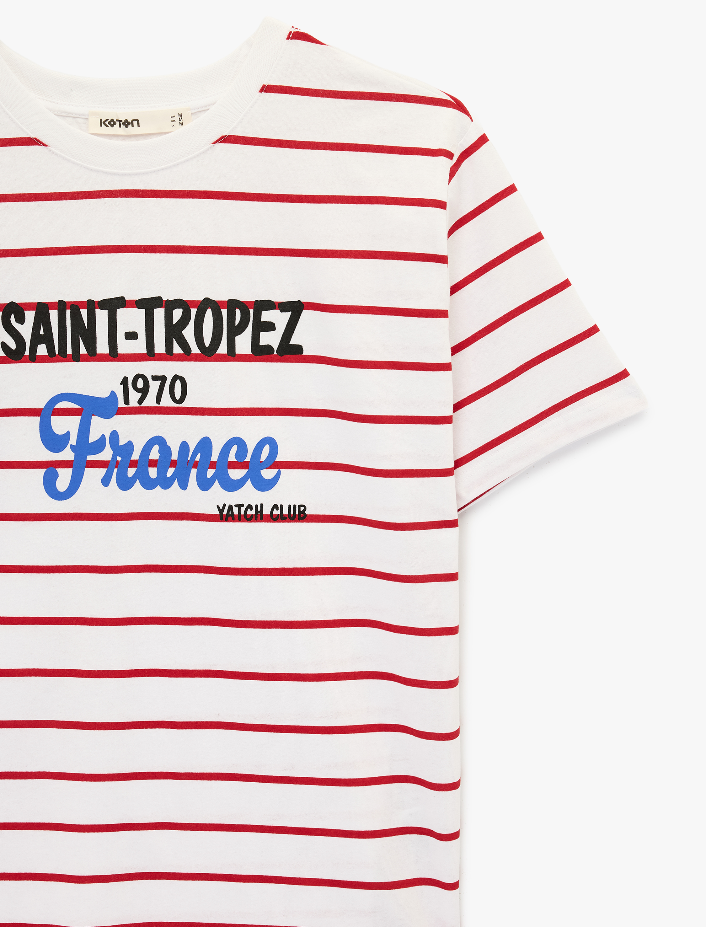   Pamuklu Kısa Kollu Bisiklet Yaka Saint-Tropez Baskılı Çizgili Tişört