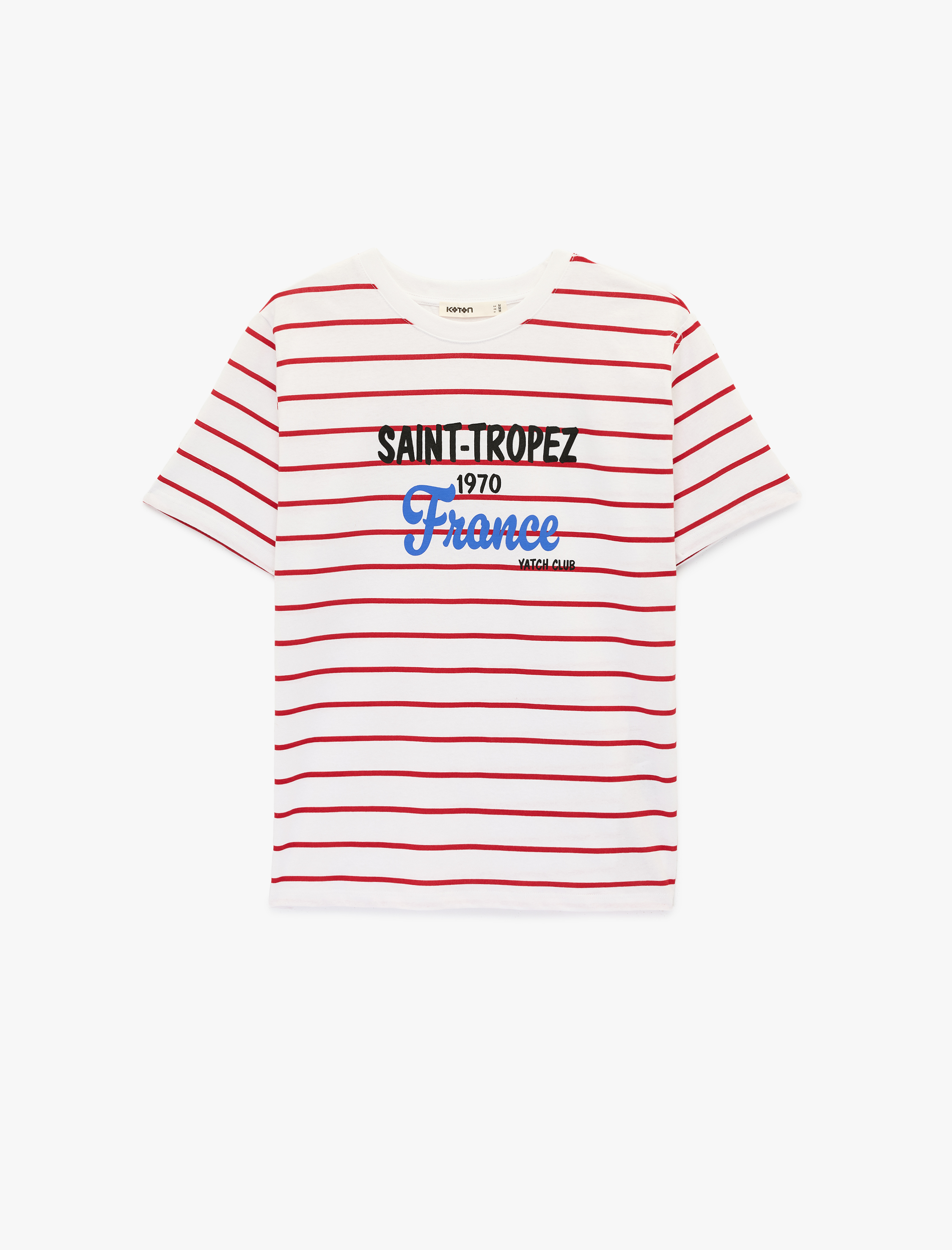   Pamuklu Kısa Kollu Bisiklet Yaka Saint-Tropez Baskılı Çizgili Tişört