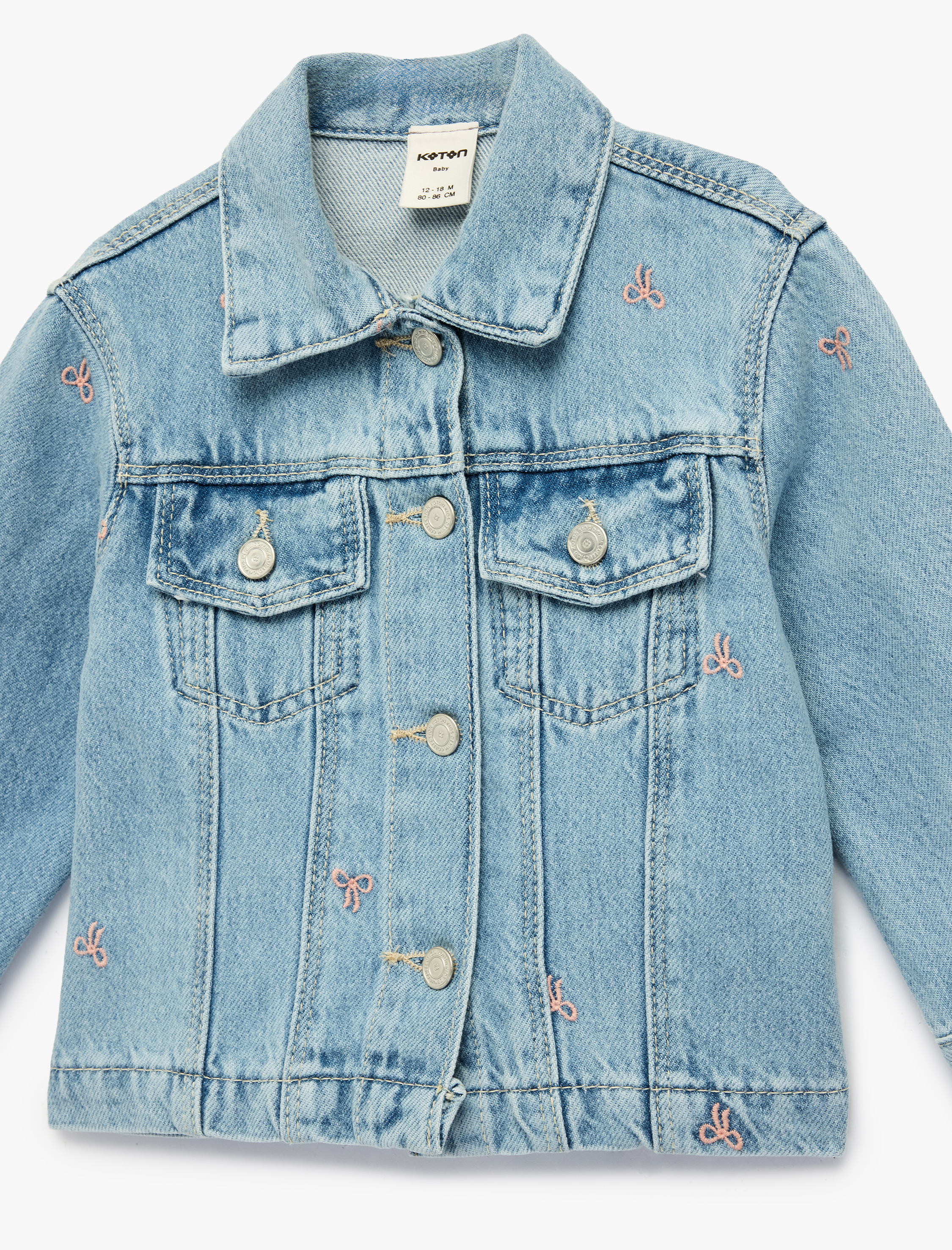  Kız Bebek Pamuklu Uzun Kollu Fiyonk İşlemeli Cepli Denim Ceket