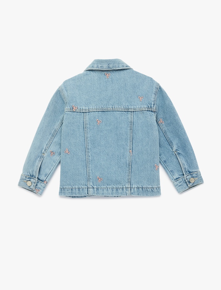 Kız Bebek Pamuklu Uzun Kollu Fiyonk İşlemeli Cepli Denim Ceket