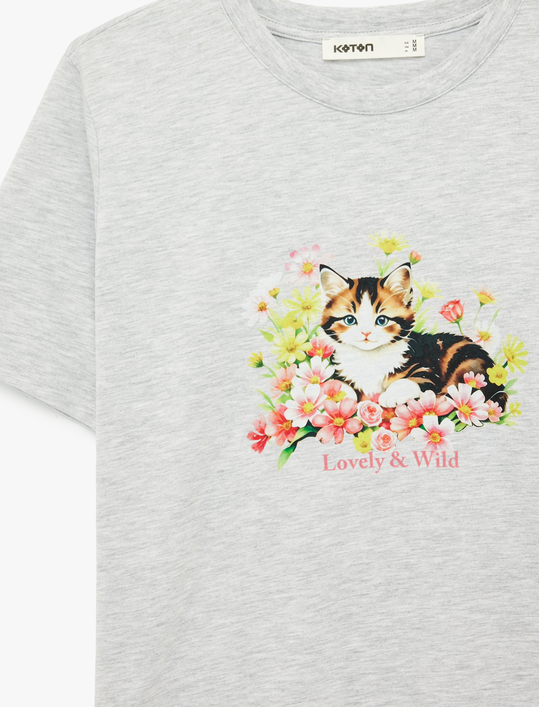   Kısa Kollu Bisiklet Yaka Kedi Baskılı Tişört