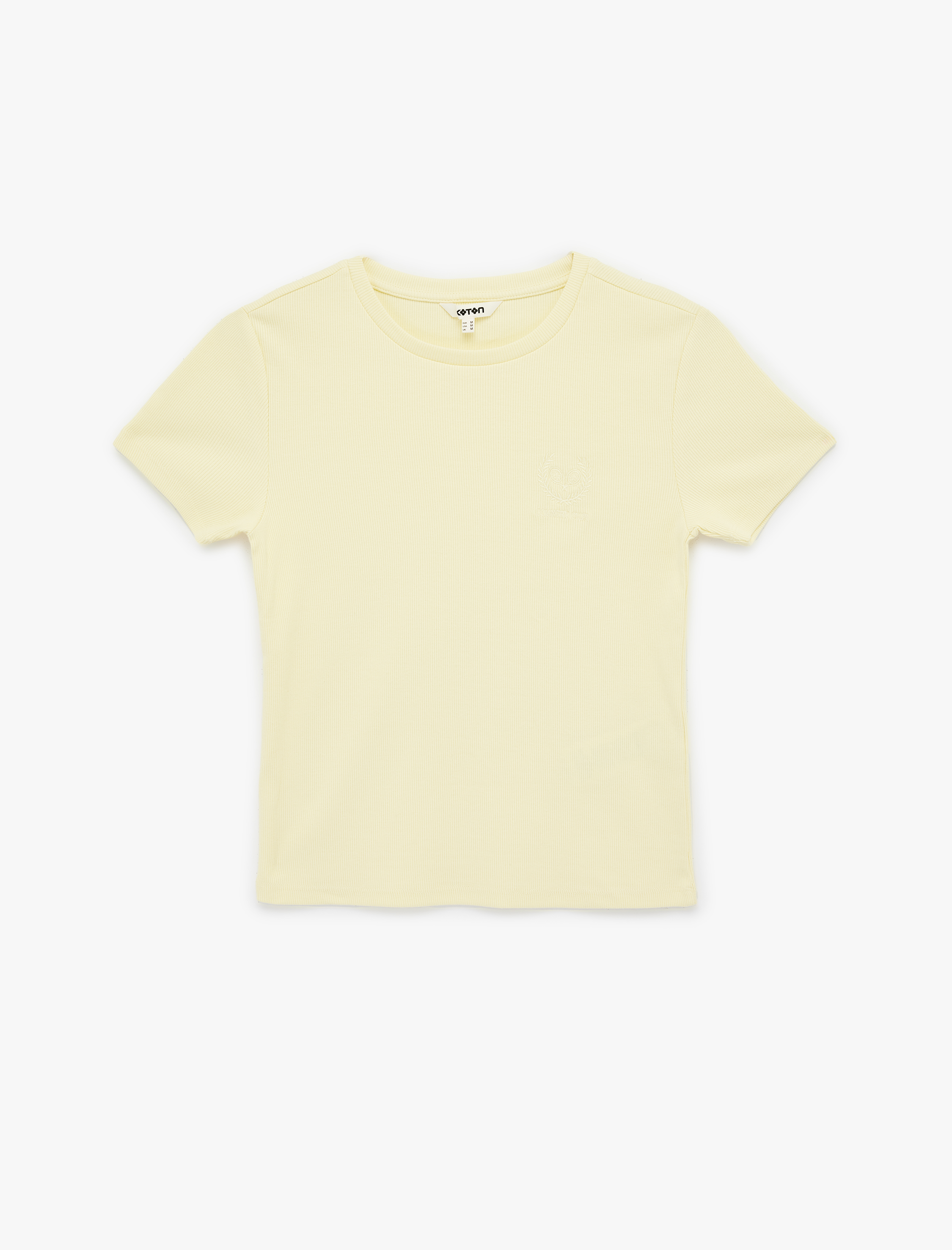   Pamuklu Slim Fit Kısa Kollu Bisiklet Yaka Nakış Detaylı Fitilli Tişört