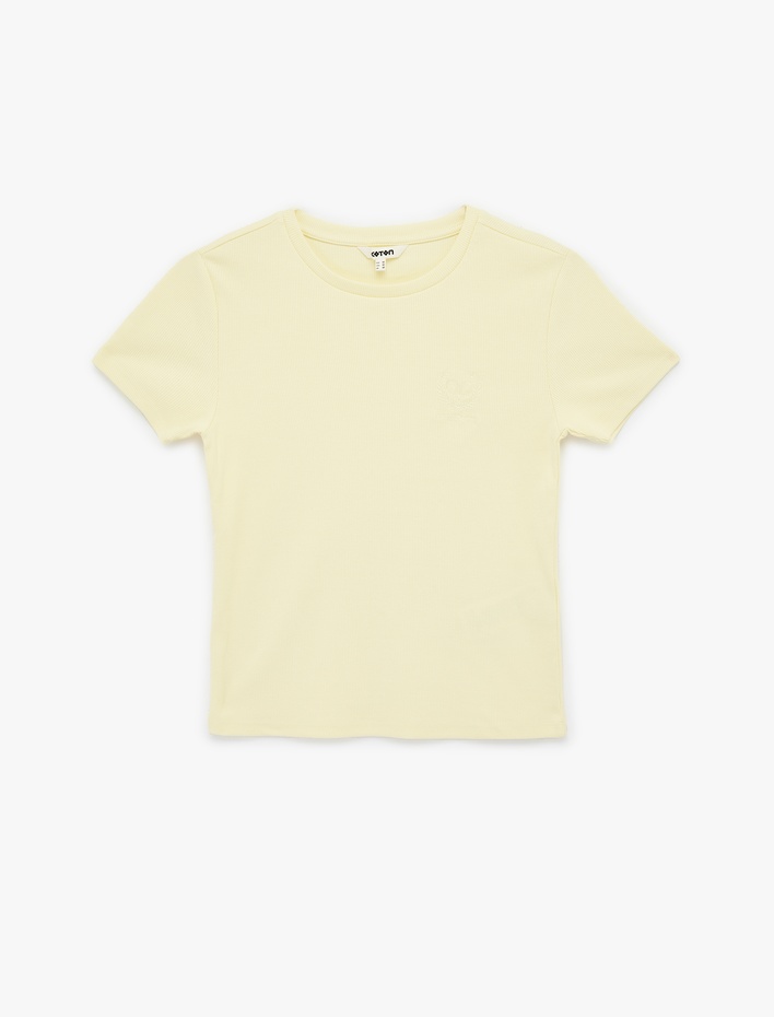  Pamuklu Slim Fit Kısa Kollu Bisiklet Yaka Nakış Detaylı Fitilli Tişört