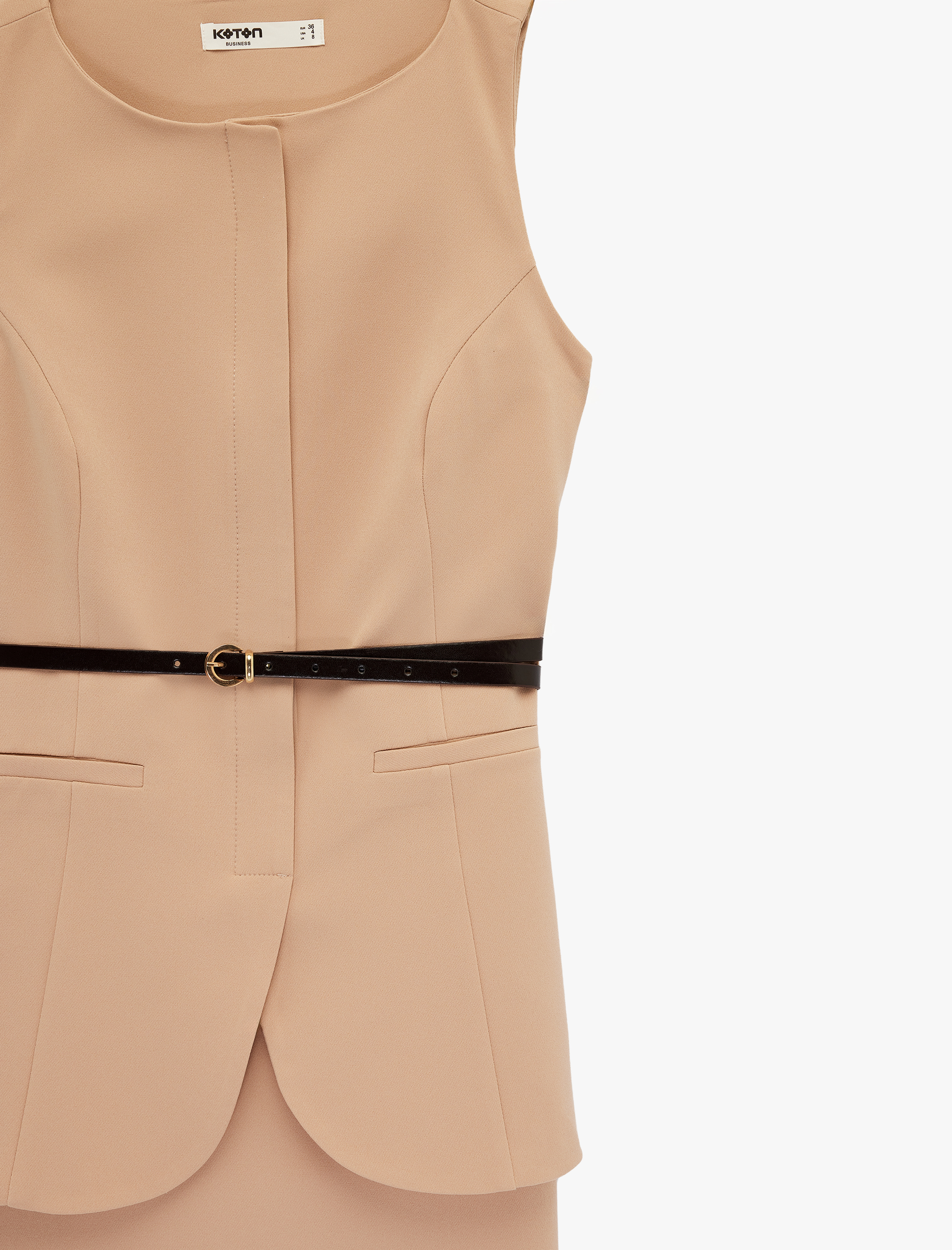   Kemer Detaylı Kolsuz Bisiklet Yaka Katlı Mini Elbise