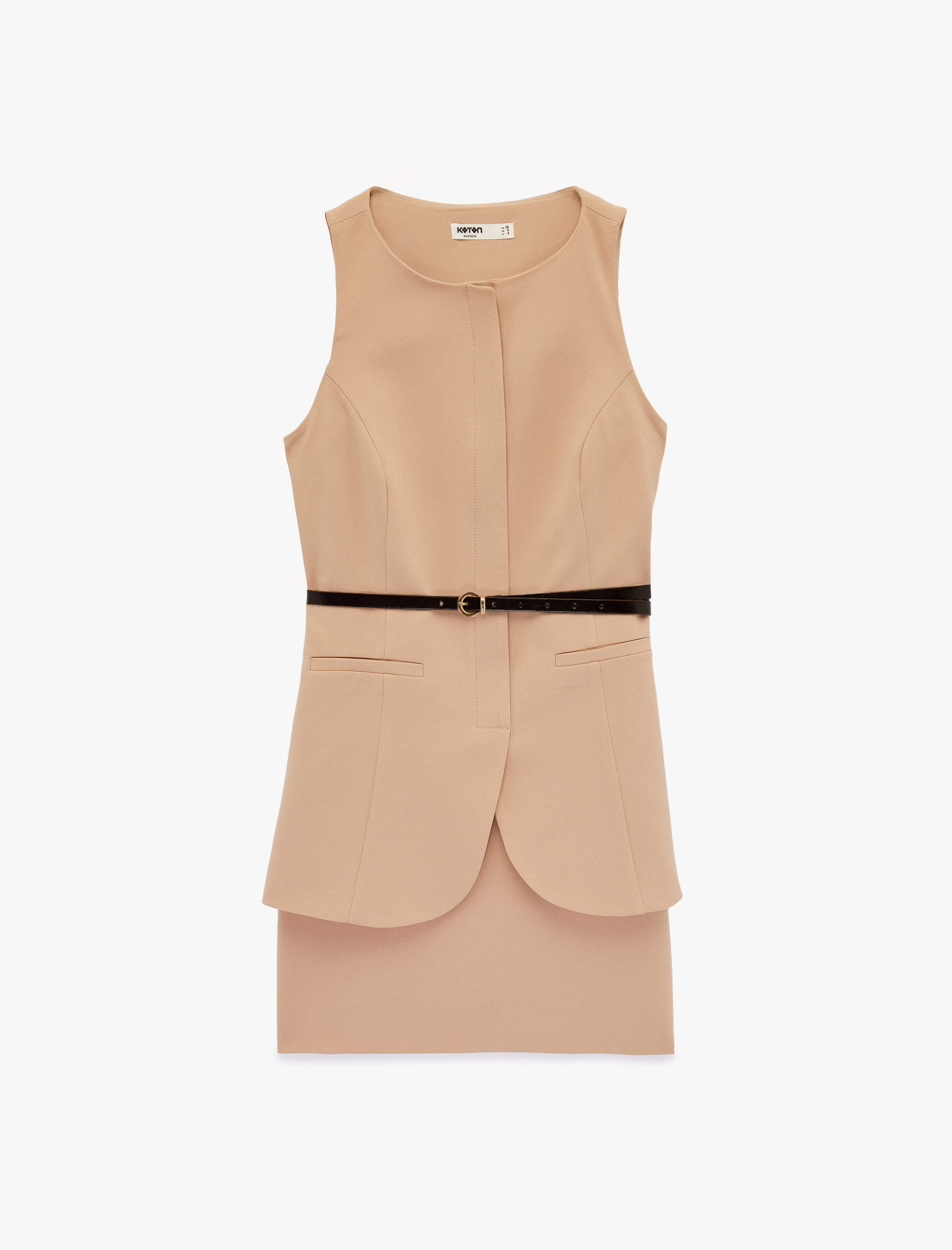   Kemer Detaylı Kolsuz Bisiklet Yaka Katlı Mini Elbise