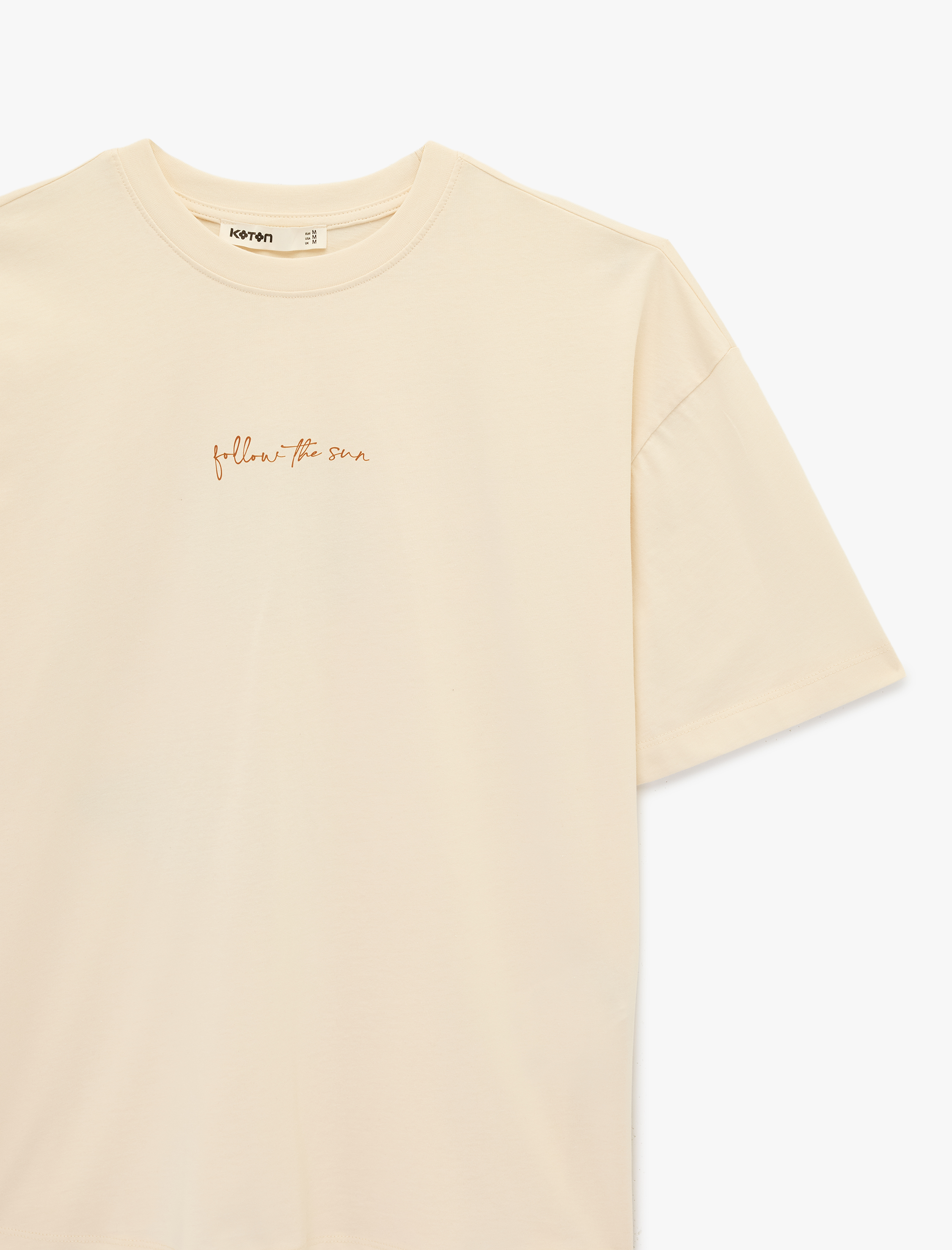   Pamuklu Kısa Kollu Bisiklet Yaka Arkası Ayçiçek Baskılı Oversize Tişört