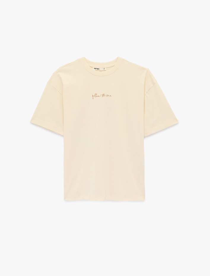  Pamuklu Kısa Kollu Bisiklet Yaka Arkası Ayçiçek Baskılı Oversize Tişört