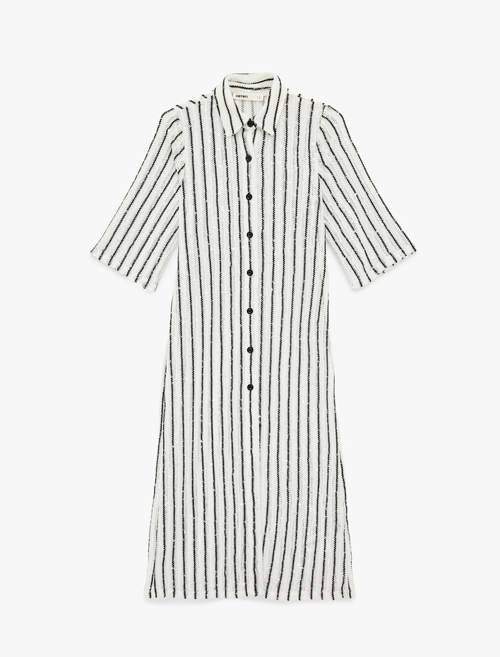  Kısa Kollu Gömlek Yaka Düğmeli Çizgili Pul Payet İşlemeli Uzun Kroşe Hırka