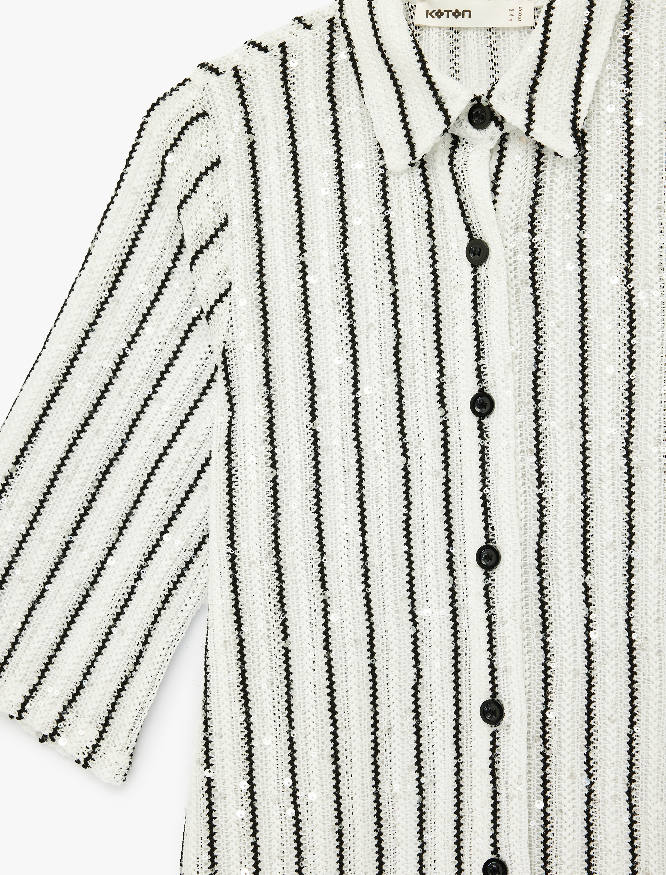   Kısa Kollu Gömlek Yaka Düğmeli Çizgili Pul Payet İşlemeli Uzun Kroşe Hırka