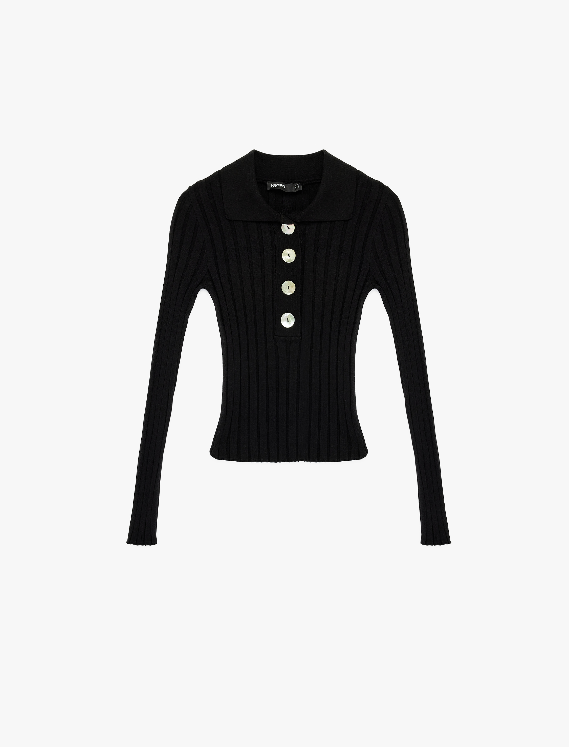   Uzun Kollu Büyük Düğme Detaylı Polo Yaka Triko Kazak