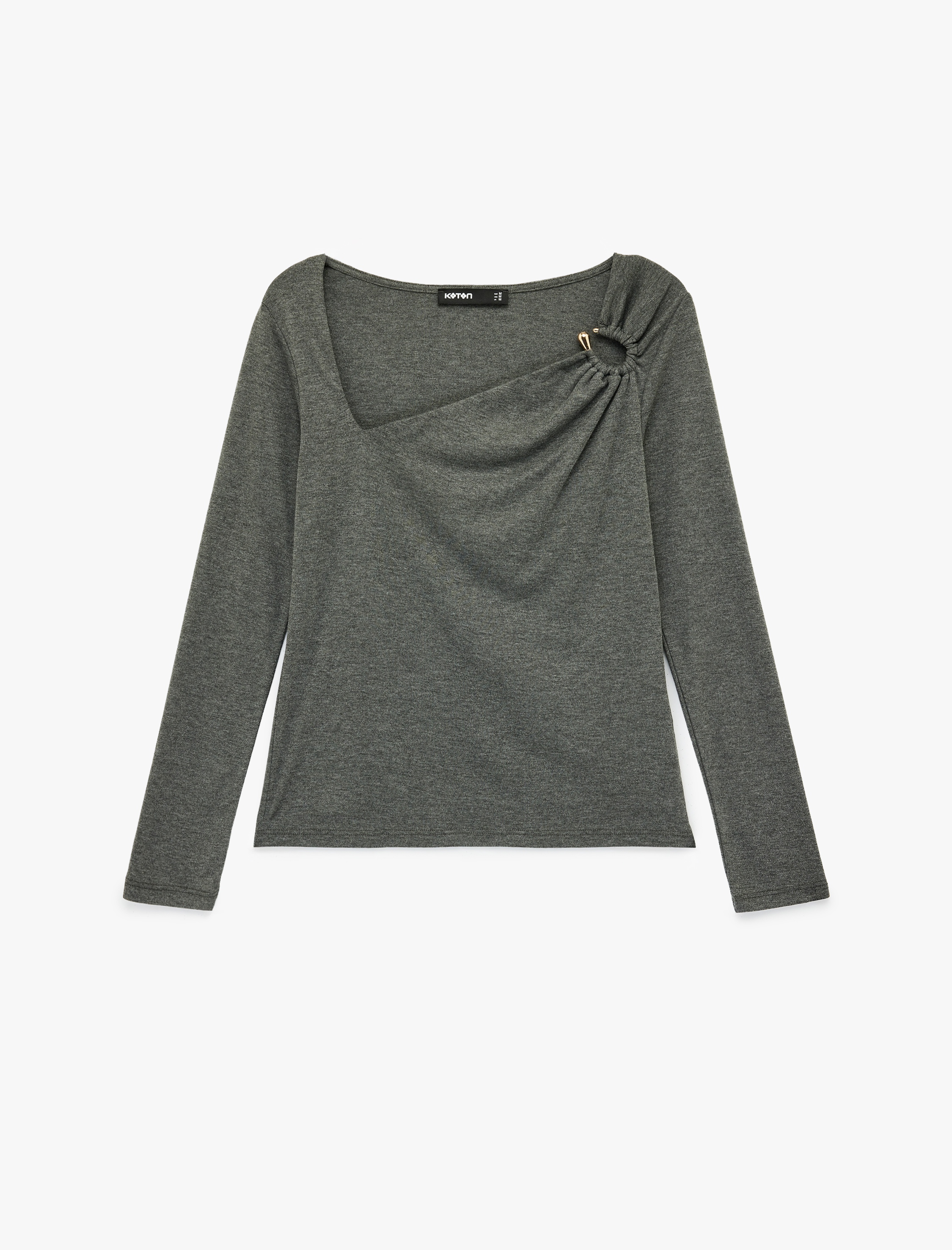   Slim Fit Uzun Kollu Aksesuar Detaylı Asimetrik Yaka Tişört