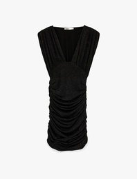 V Yaka Kısa Kollu Simli Drapeli Mini Elbise