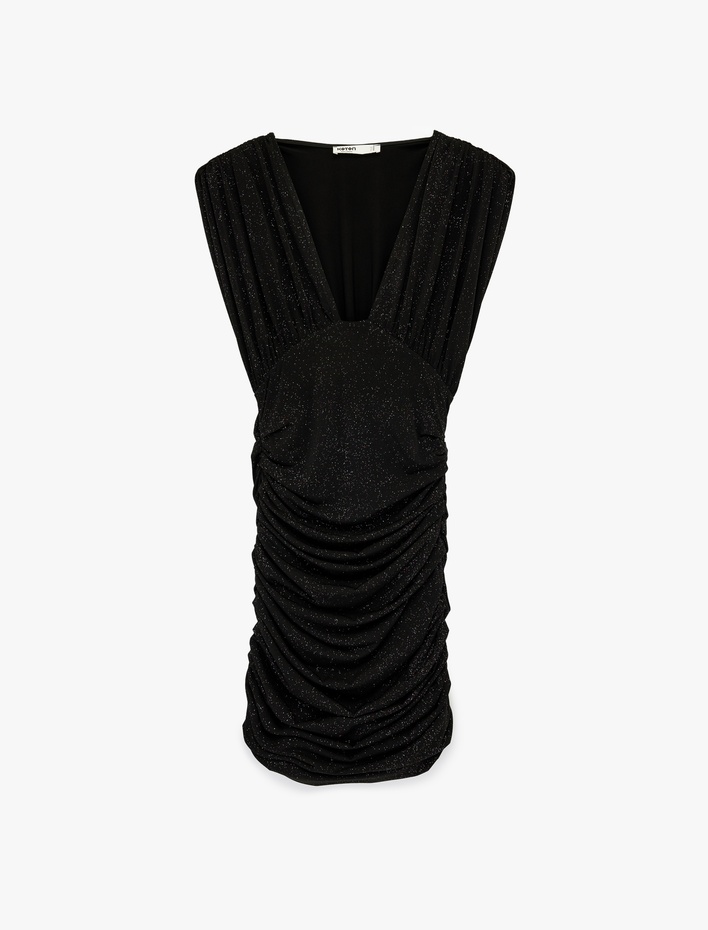  V Yaka Kısa Kollu Simli Drapeli Mini Elbise