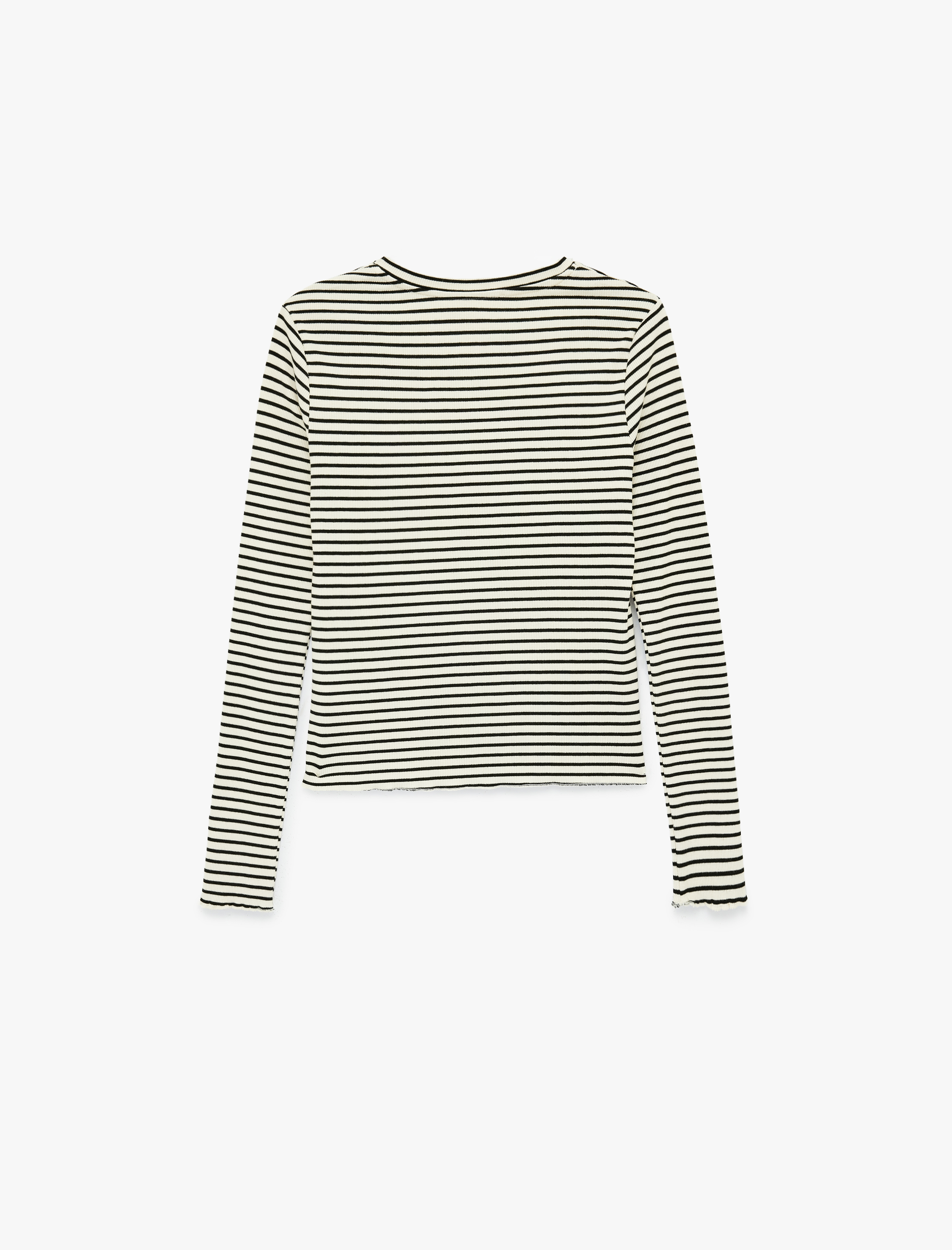   Slim Fit Uzun Kollu Manşetleri Düğme Detaylı Bisiklet Yaka Çizgili Tişört