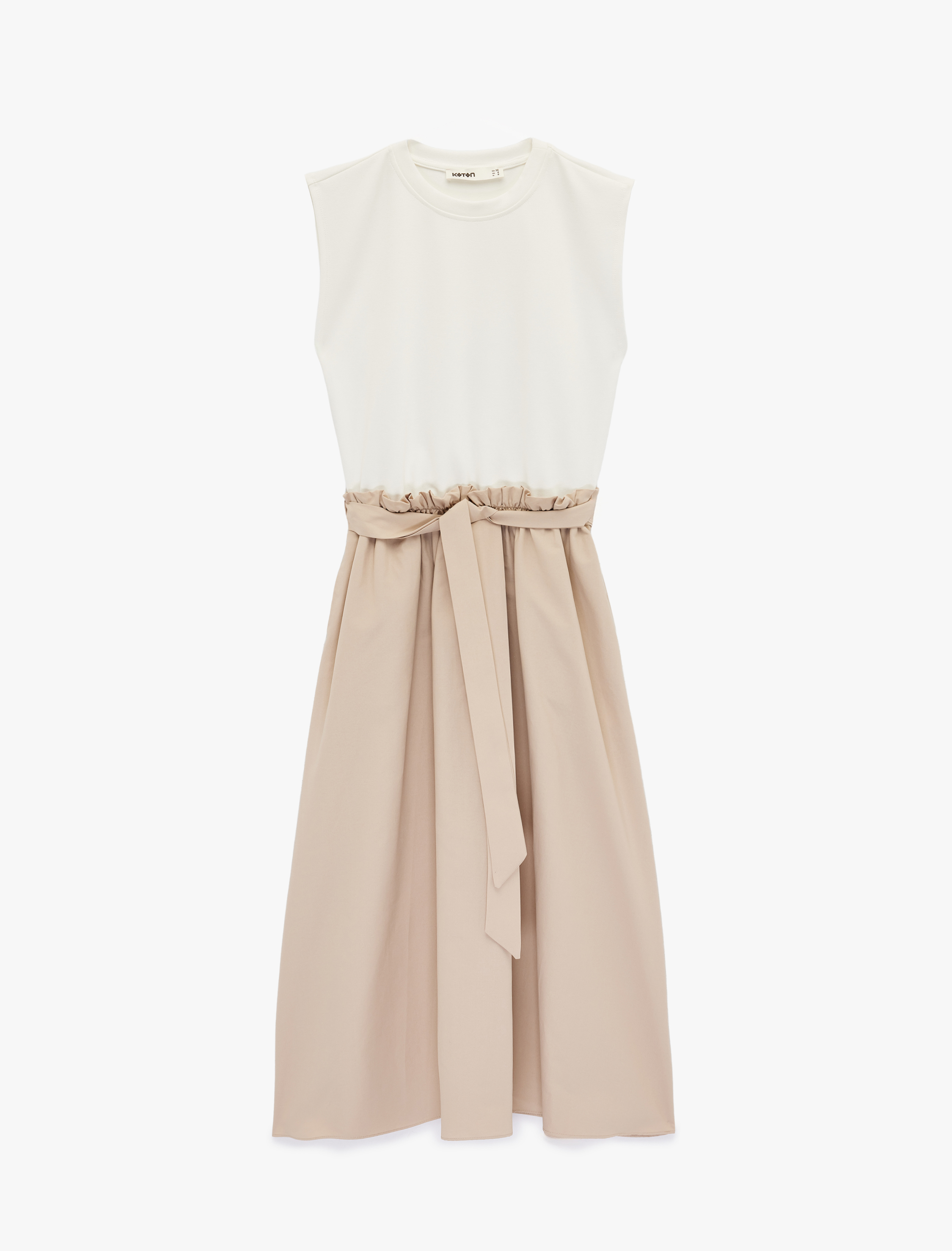   Kuşak Detaylı Bisiklet Yaka Çan Etek Midi Kolsuz Elbise