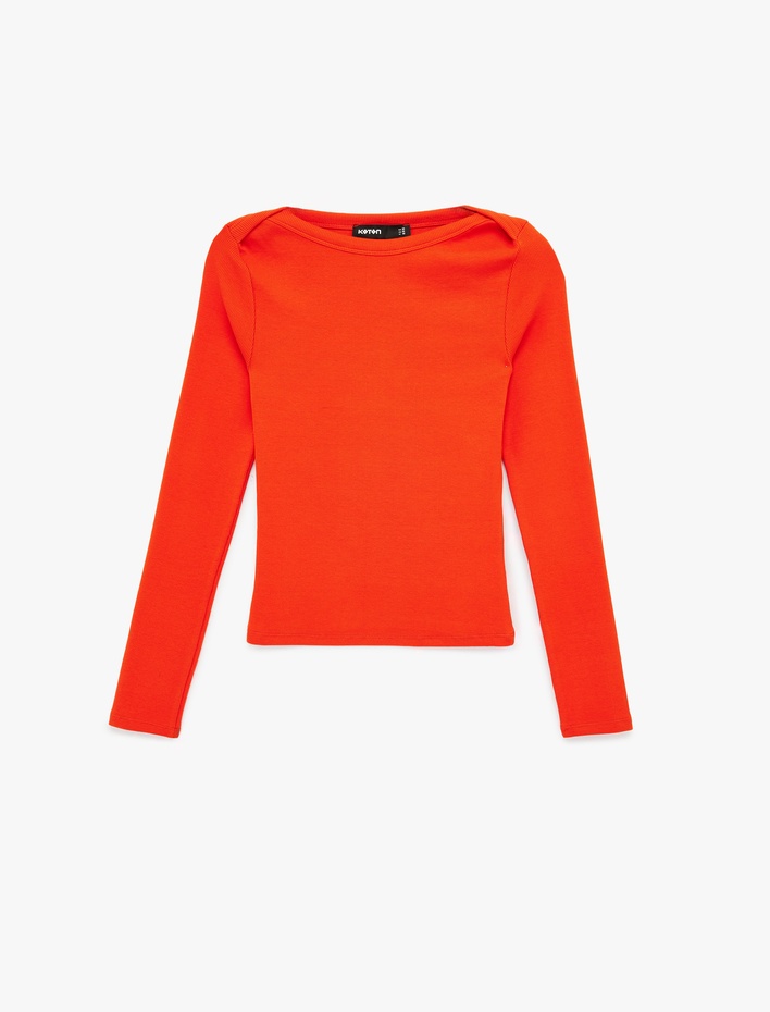  Slim Fit Pamuklu Uzun Kollu Kayık Yaka Tişört