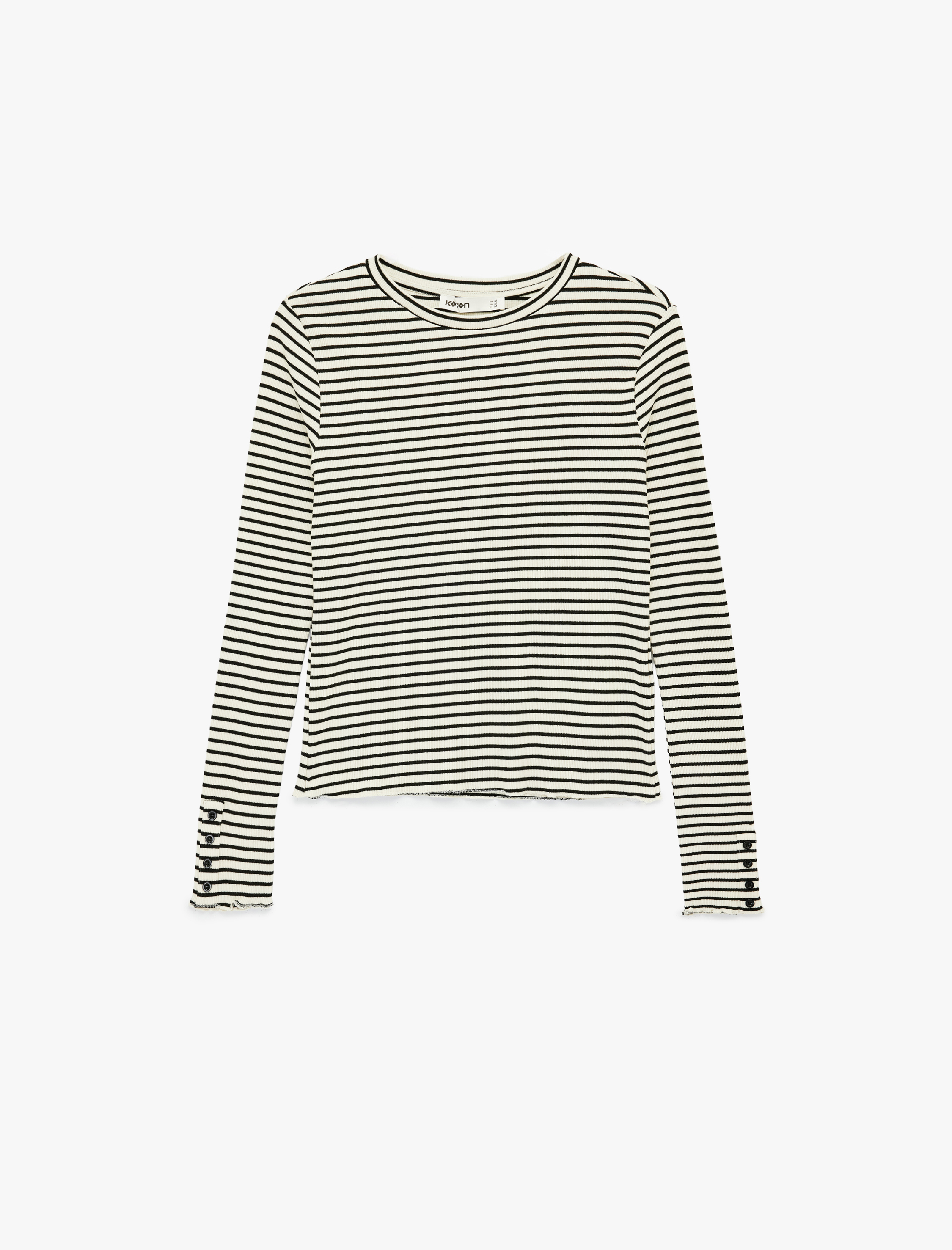   Slim Fit Uzun Kollu Manşetleri Düğme Detaylı Bisiklet Yaka Çizgili Tişört