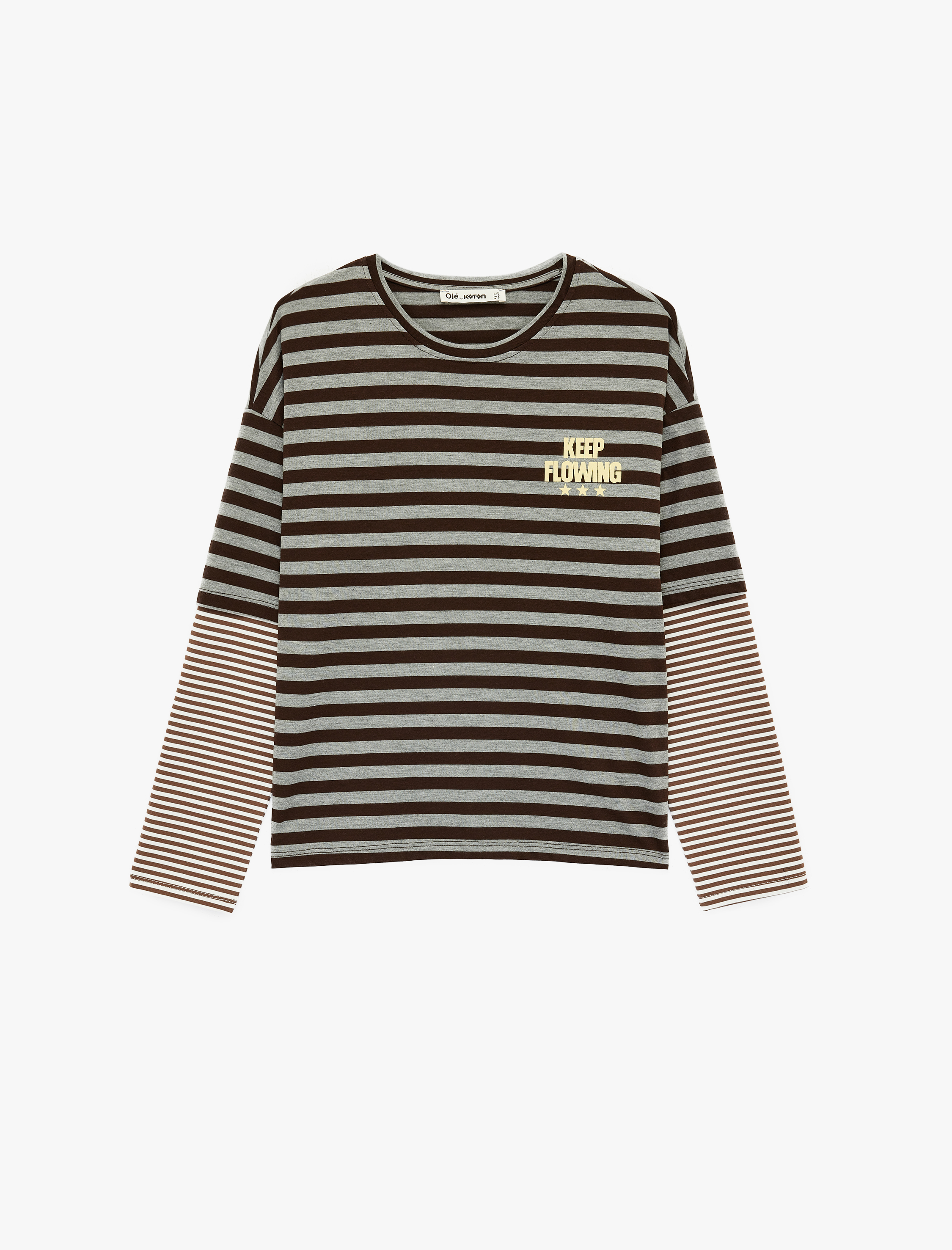   Viskon Karışımlı Nakış Detaylı Uzun Kollu Bisiklet Yaka Tişört