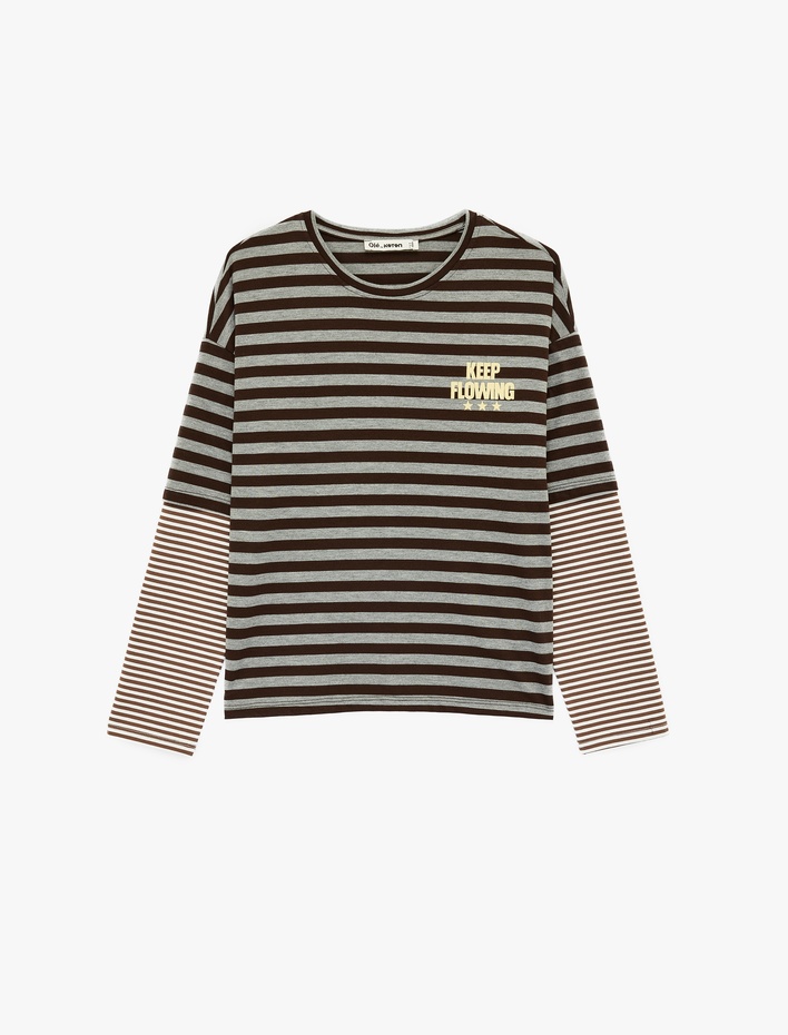  Viskon Karışımlı Nakış Detaylı Uzun Kollu Bisiklet Yaka Tişört