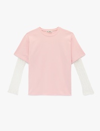 Rahat Kalıp Uzun Kollu Dantel Detaylı Bisiklet Yaka Tişört