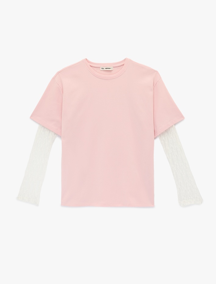  Rahat Kalıp Uzun Kollu Dantel Detaylı Bisiklet Yaka Tişört