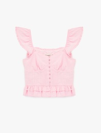 Pamuklu Düğmeli Fırfırlı Volanlı Kalp Yaka Kolsuz Bluz