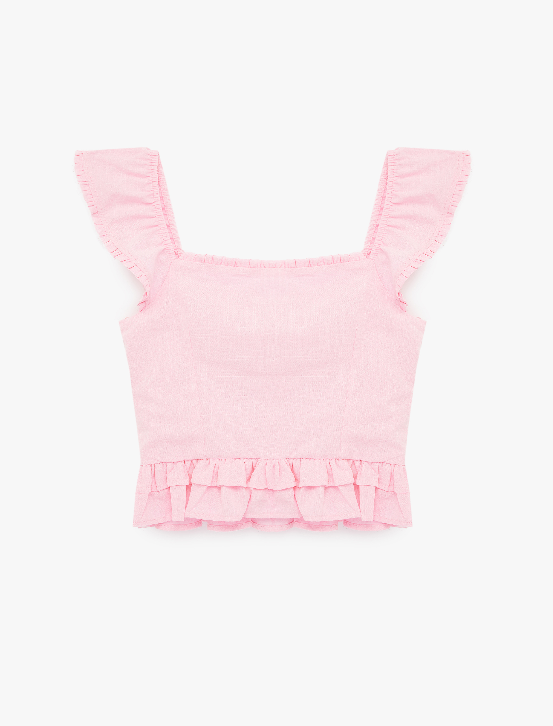   Pamuklu Düğmeli Fırfırlı Volanlı Kalp Yaka Kolsuz Bluz