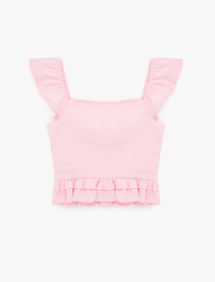  Pamuklu Düğmeli Fırfırlı Volanlı Kalp Yaka Kolsuz Bluz