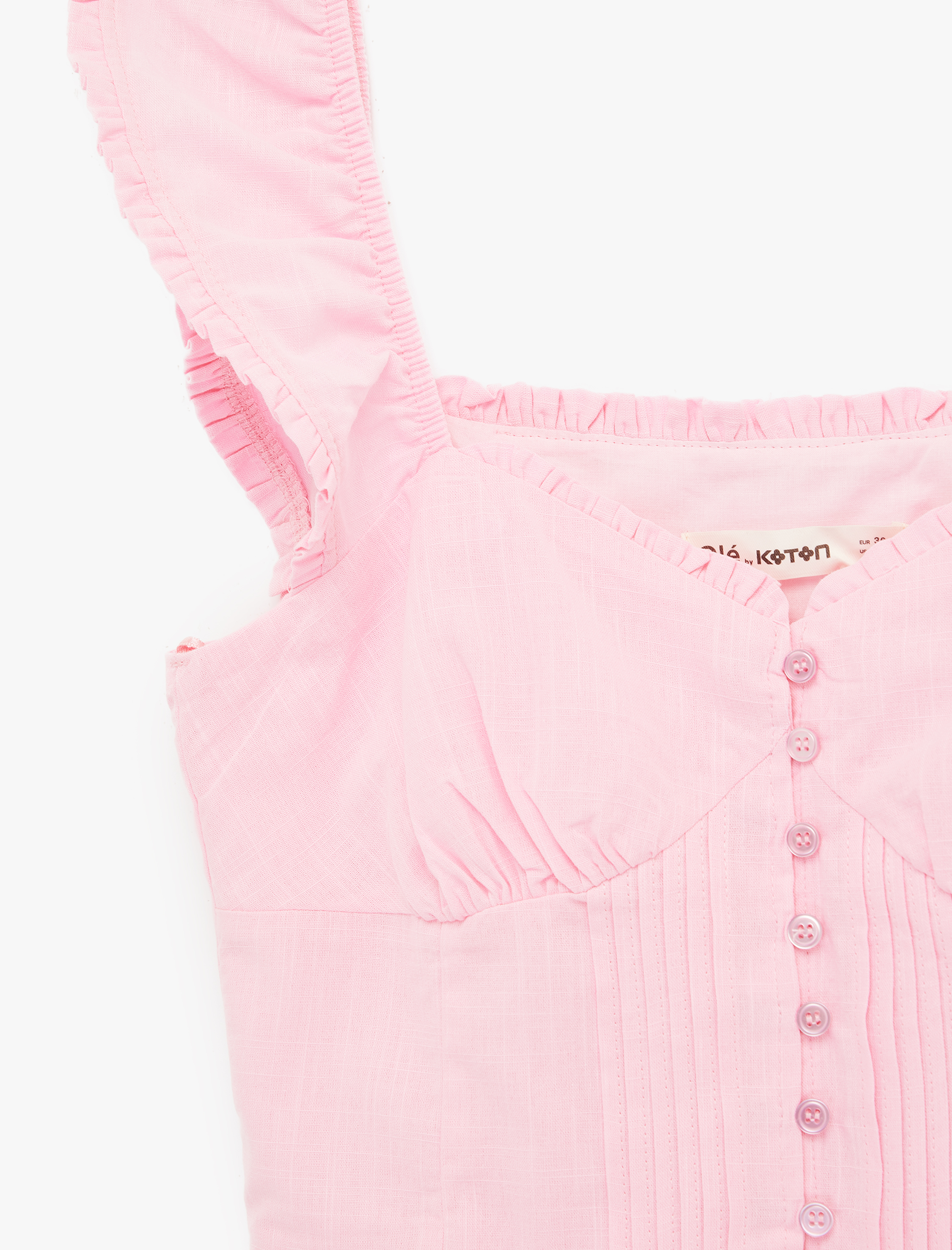   Pamuklu Düğmeli Fırfırlı Volanlı Kalp Yaka Kolsuz Bluz