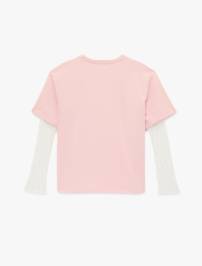  Rahat Kalıp Uzun Kollu Dantel Detaylı Bisiklet Yaka Tişört