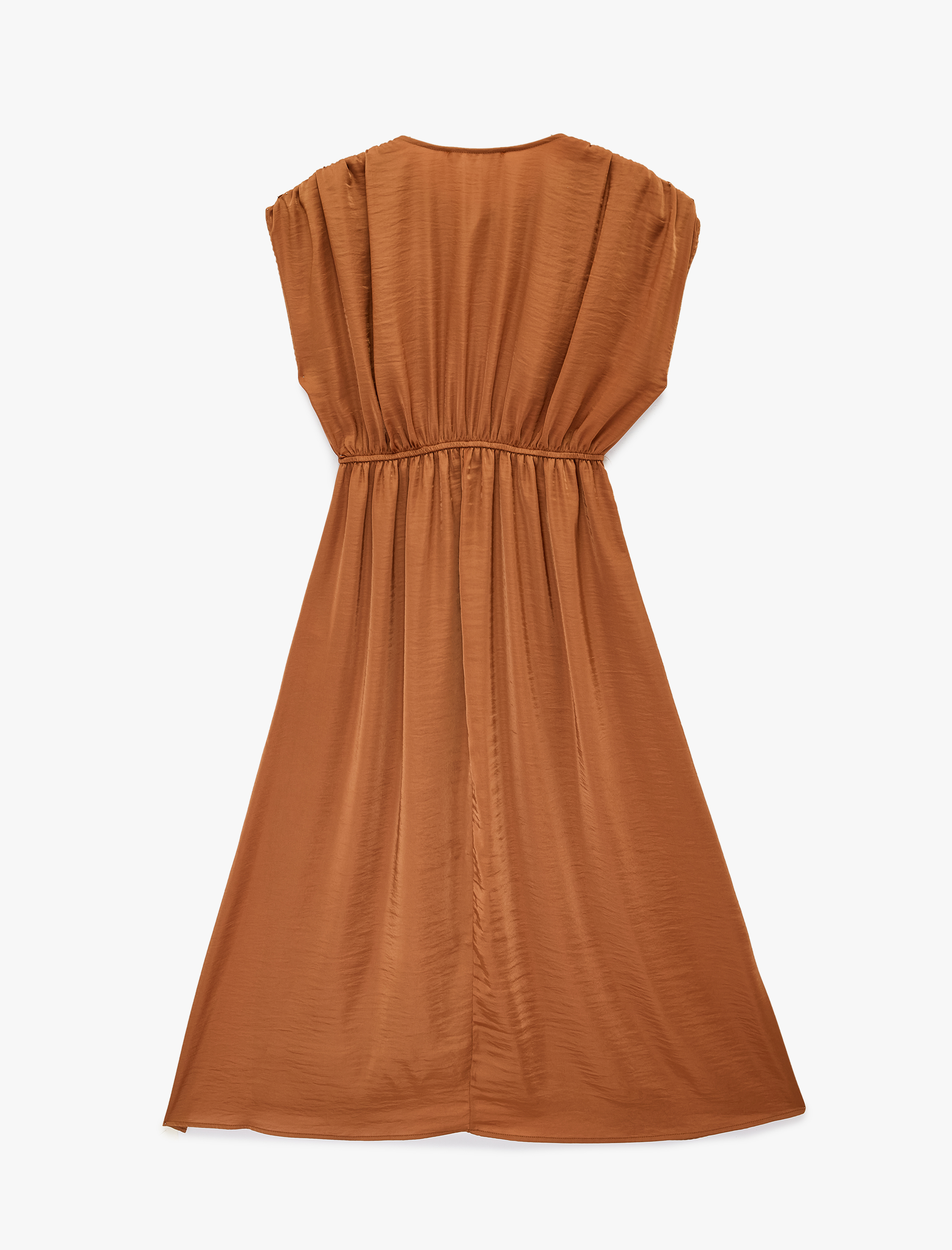   Kolsuz Yuvarlak Bağlamalı Yaka Büzgülü Midi Boy Saten Elbise