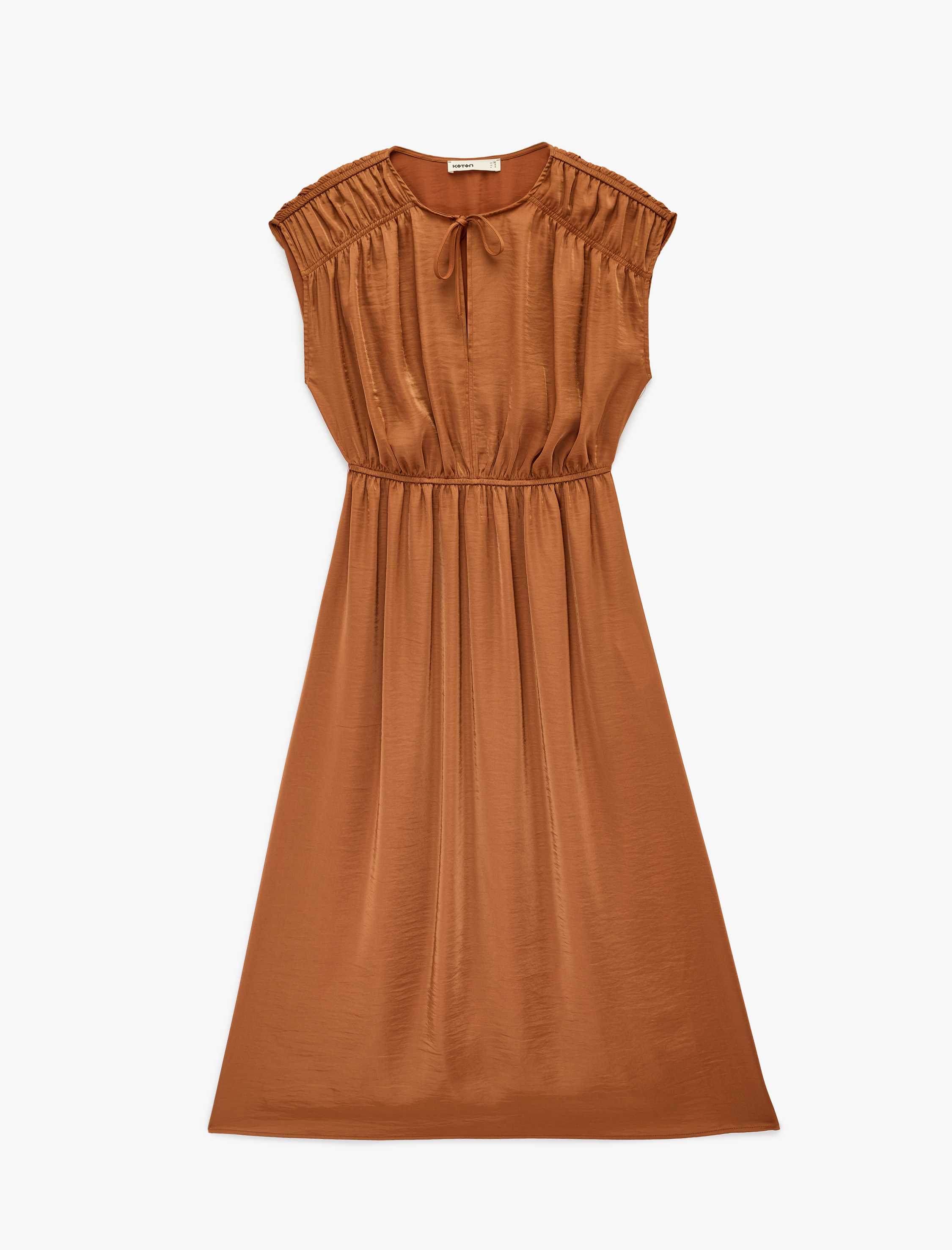   Kolsuz Yuvarlak Bağlamalı Yaka Büzgülü Midi Boy Saten Elbise