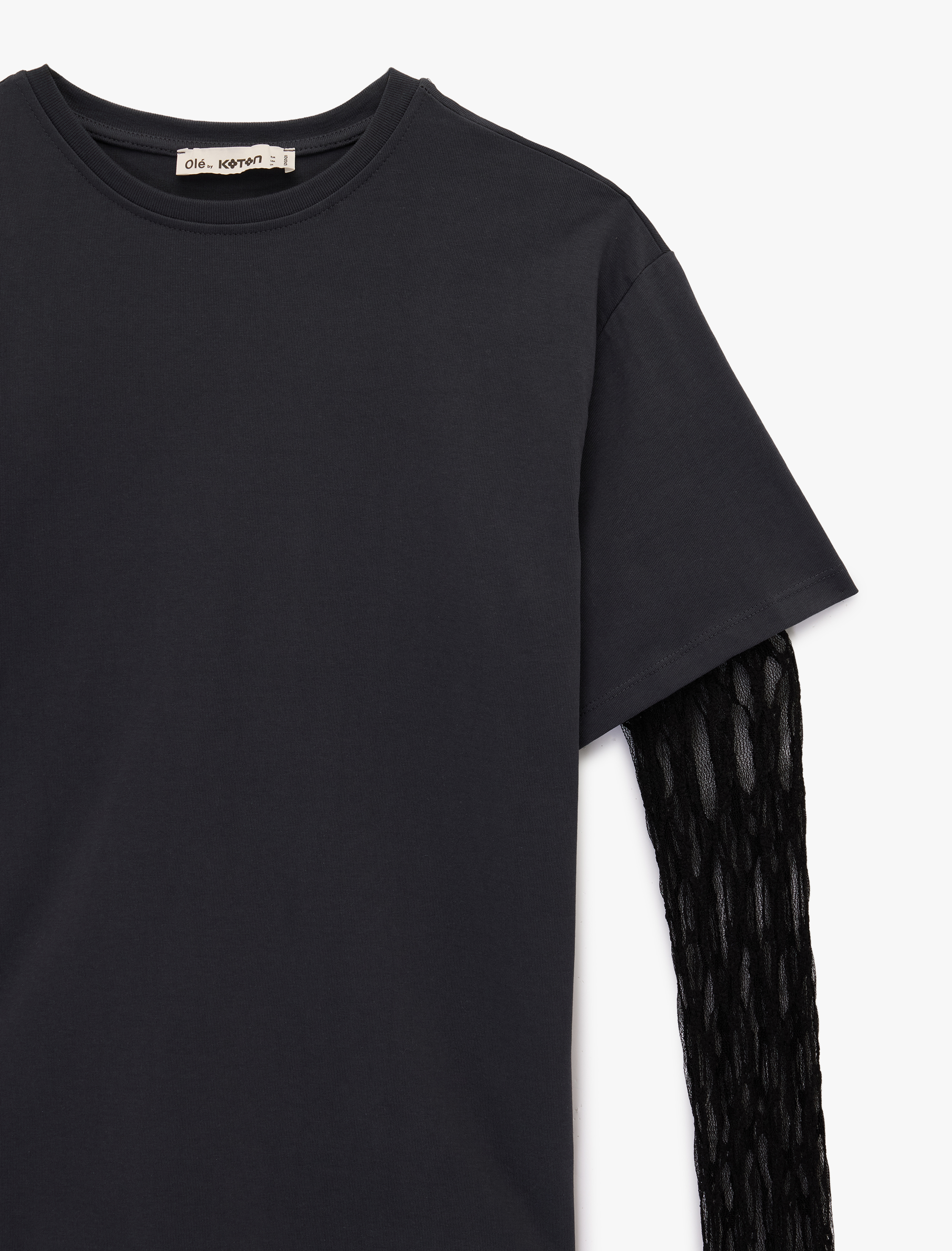   Rahat Kalıp Uzun Kollu Dantel Detaylı Bisiklet Yaka Tişört