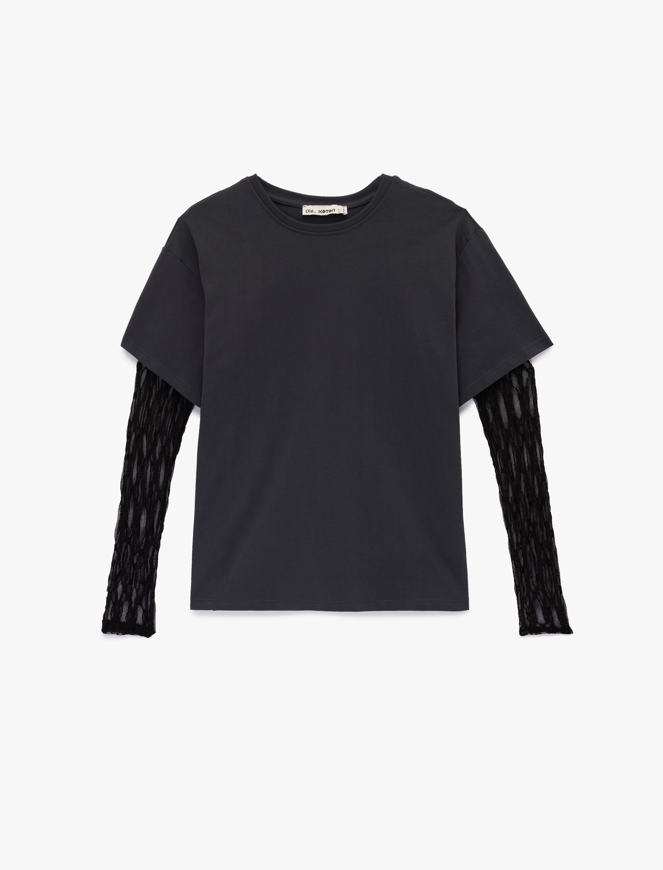   Rahat Kalıp Uzun Kollu Dantel Detaylı Bisiklet Yaka Tişört