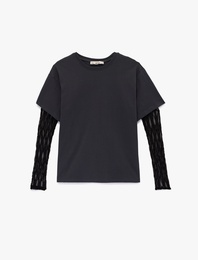 Rahat Kalıp Uzun Kollu Dantel Detaylı Bisiklet Yaka Tişört