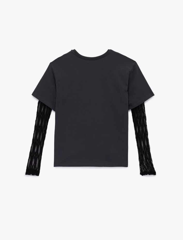  Rahat Kalıp Uzun Kollu Dantel Detaylı Bisiklet Yaka Tişört