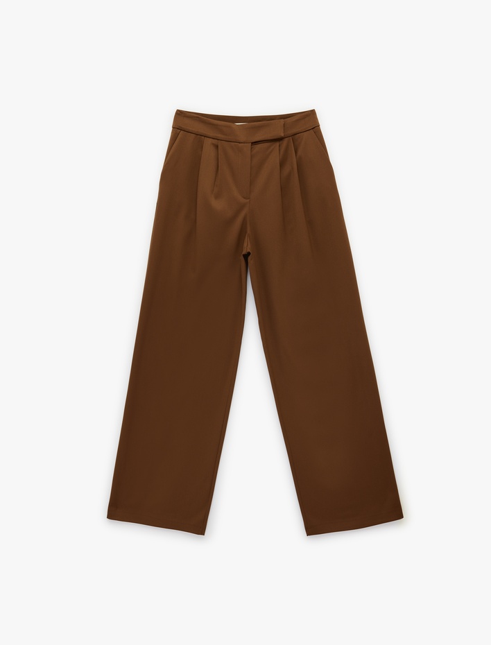  Rahat Kalıp Cepli Pile Detaylı Yüksek Bel Kumaş Pantolon