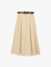 A Kesim Cepli Pileli Kemerli Midi Kloş Etek