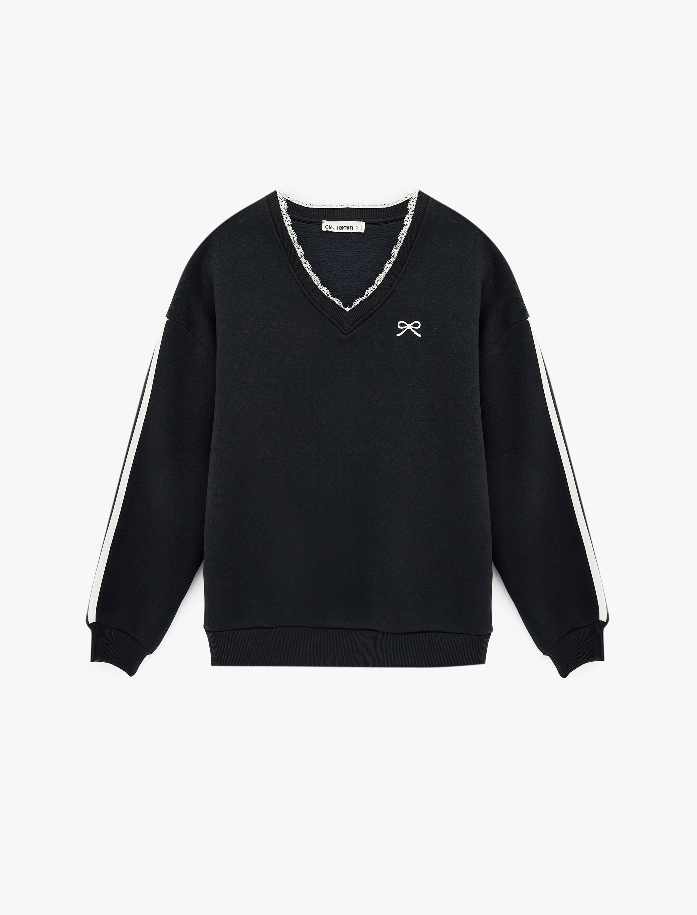   Şardonlu Fiyonklu Dantel Detaylı V Yaka Uzun Kollu Oversize Sweatshirt