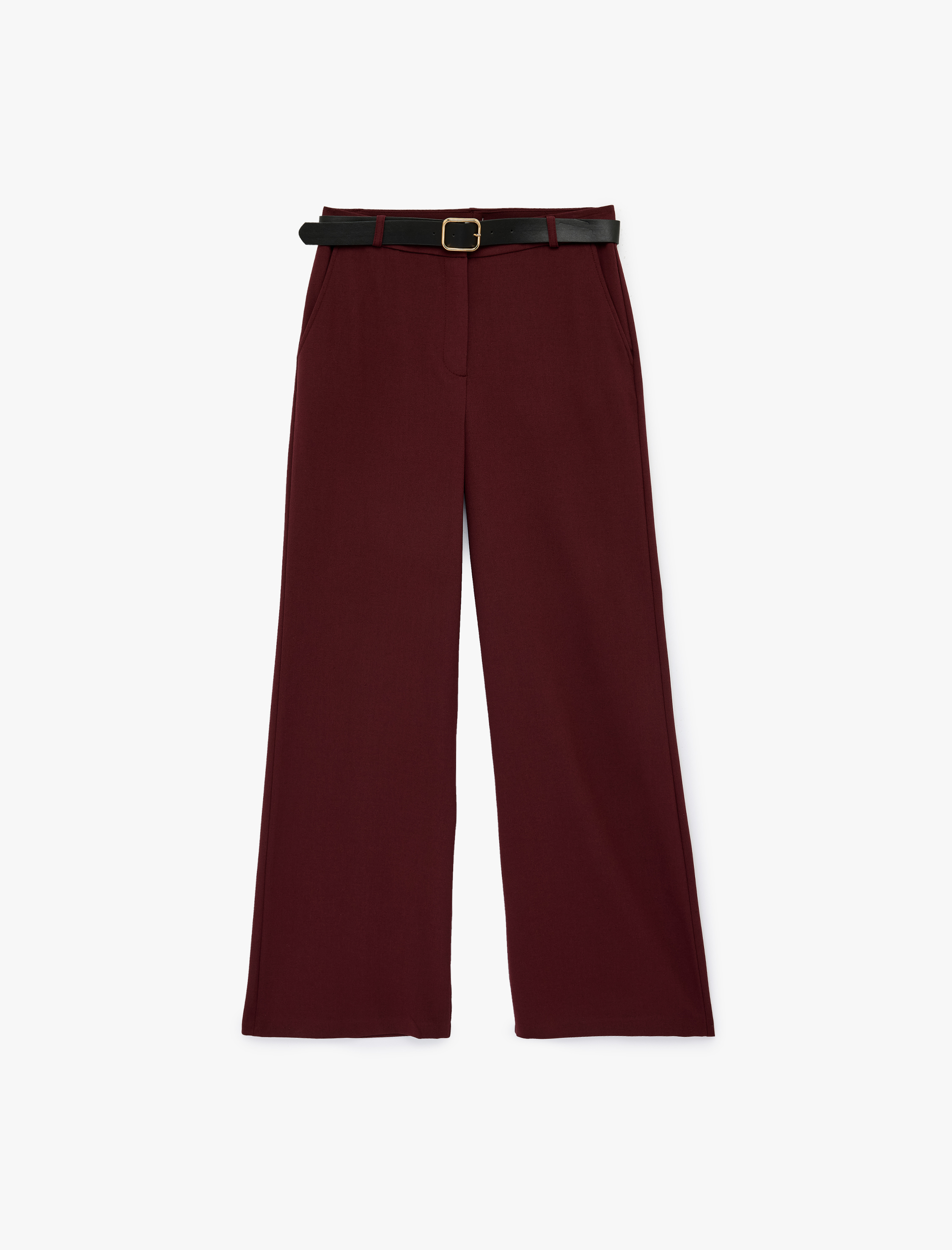   Cepli Düz Bol Paça Kemerli Kumaş Pantolon