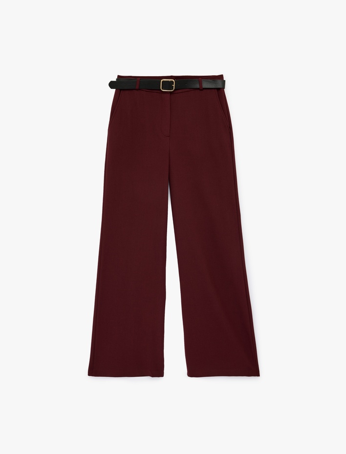  Cepli Düz Bol Paça Kemerli Kumaş Pantolon