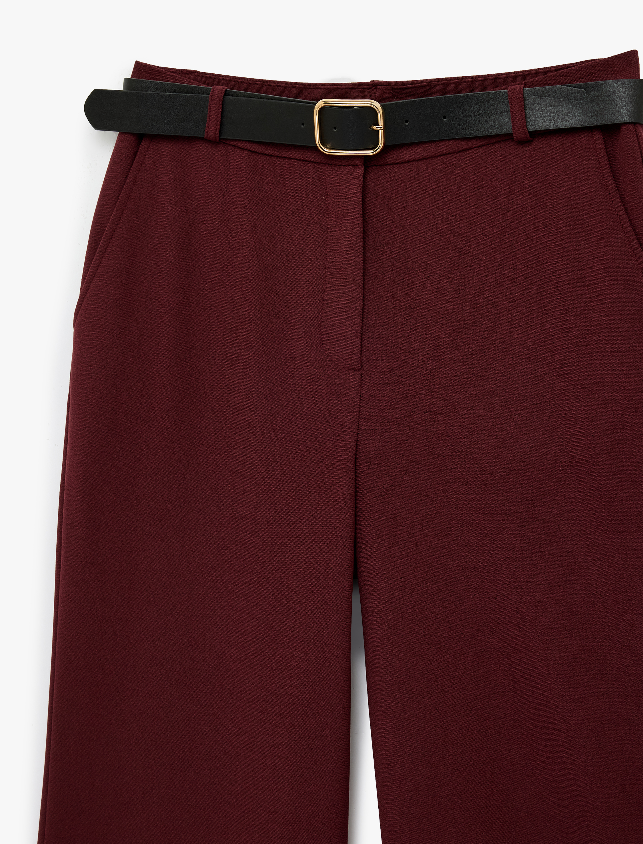   Cepli Düz Bol Paça Kemerli Kumaş Pantolon