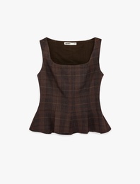 Kare Yaka Kolsuz Peplum Ekose Bluz