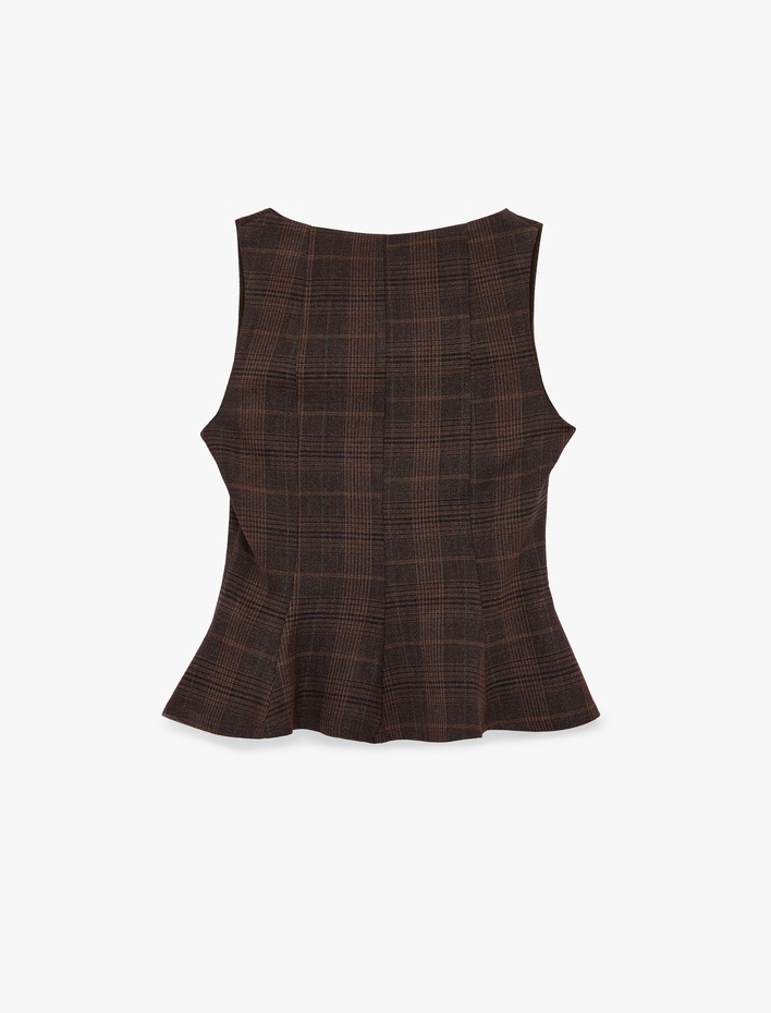  Kare Yaka Kolsuz Peplum Ekose Bluz