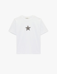 Kısa Kollu Bisiklet Yaka Pamuklu Yıldız Baskılı Oversize Tişört