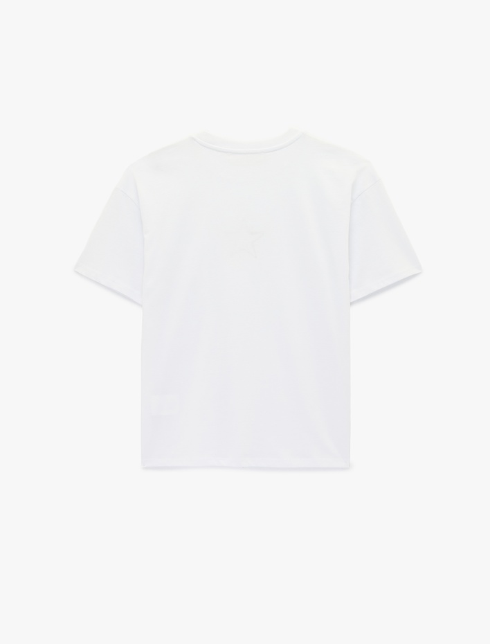  Kısa Kollu Bisiklet Yaka Pamuklu Yıldız Baskılı Oversize Tişört