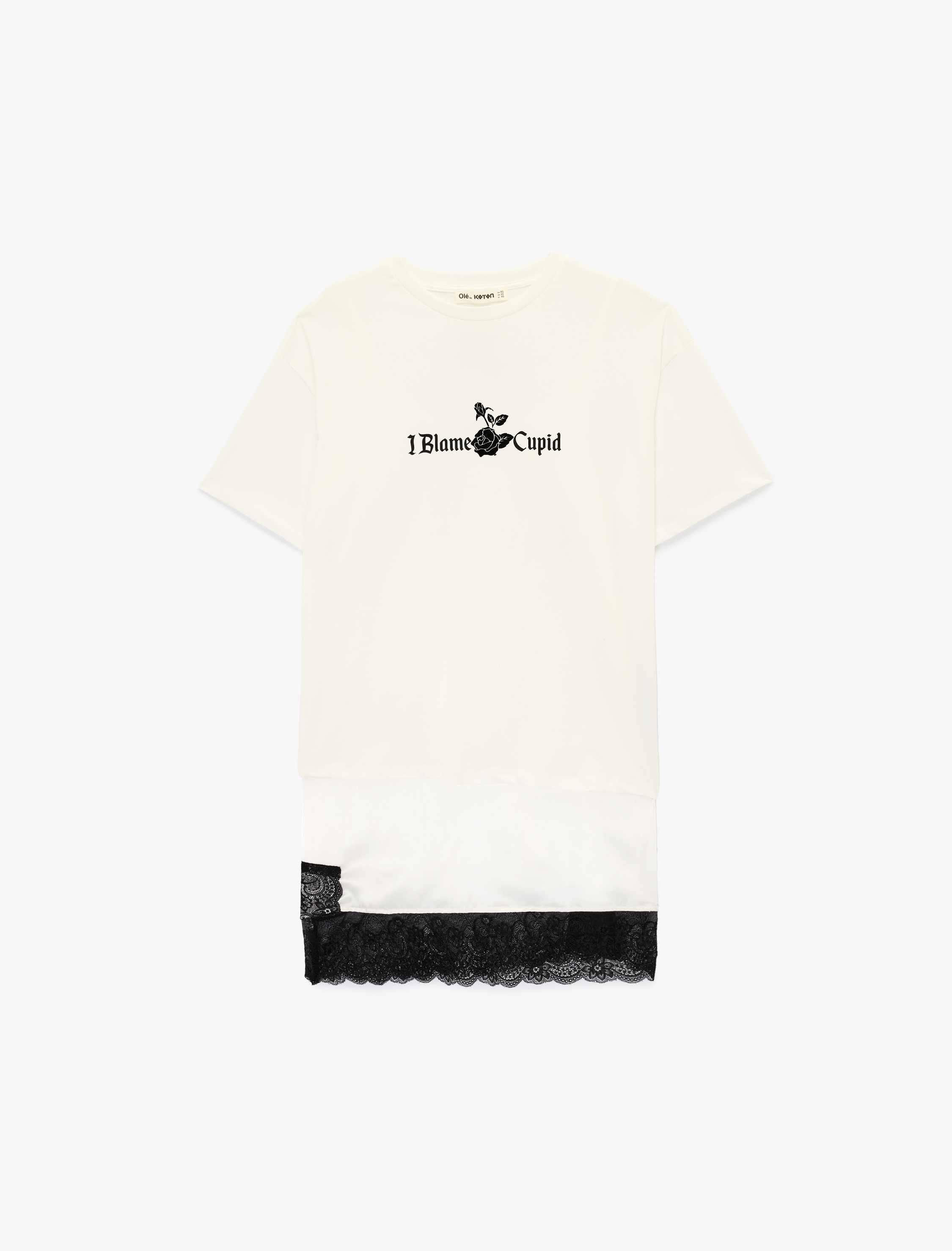   Kısa Kollu Bisiklet Yaka Dantel Detaylı Baskılı Oversize Tişört