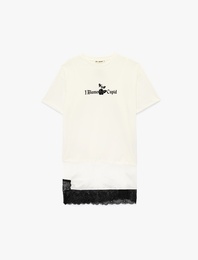 Kısa Kollu Bisiklet Yaka Dantel Detaylı Baskılı Oversize Tişört