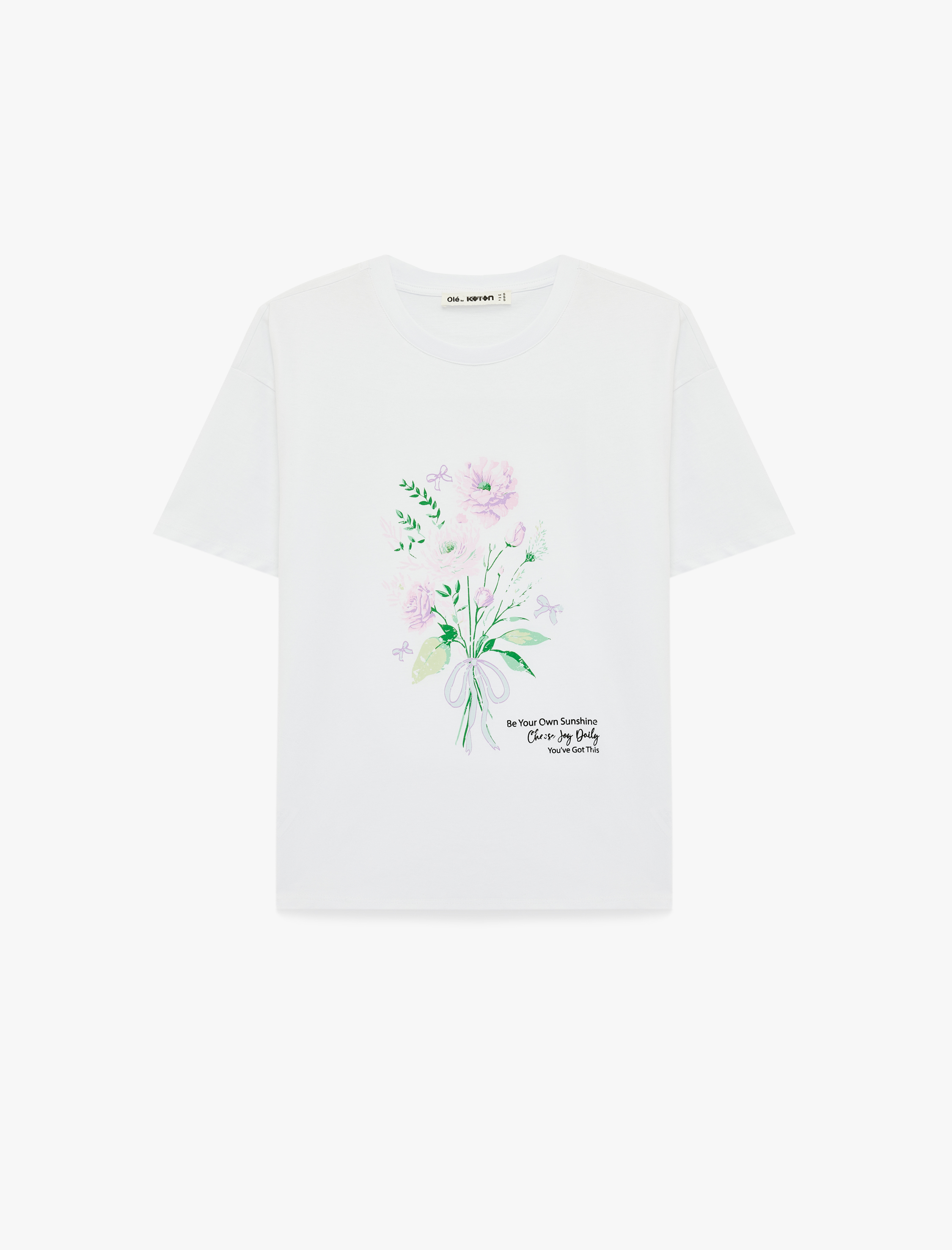   Kısa Kollu Bisiklet Yaka Pamuklu Çiçek Baskılı Oversize Tişört