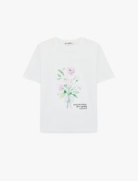 Kısa Kollu Bisiklet Yaka Pamuklu Çiçek Baskılı Oversize Tişört